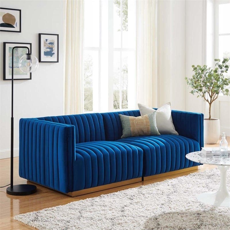 Modway Conjure Channel Tufted Performance Velvet Loveseat in Gold/Navy