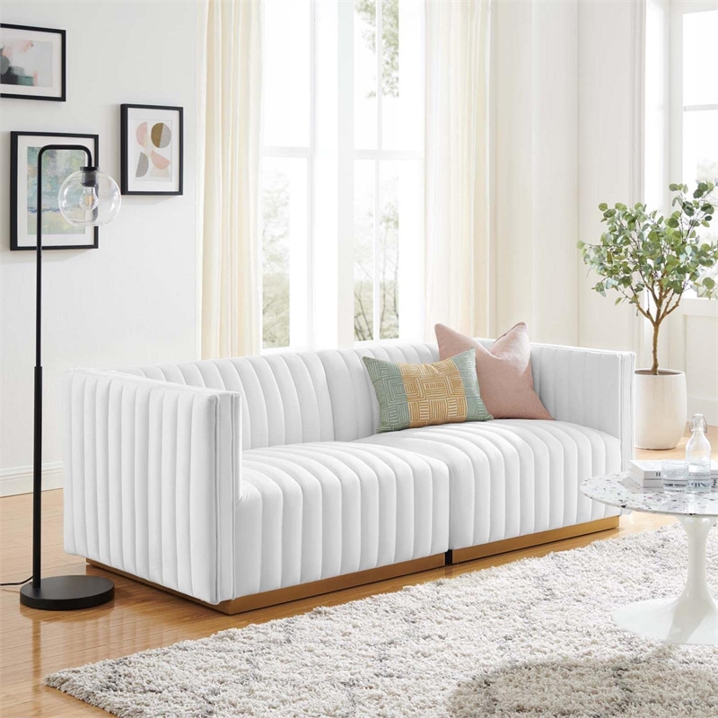 Modway Conjure Channel Tufted Performance Velvet Loveseat in Gold/White