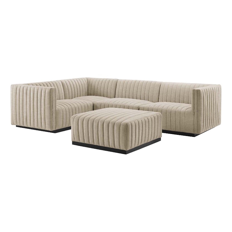 Modway Conjure 5-Piece Channel Tufted Fabric Sectional in Beige/Black
