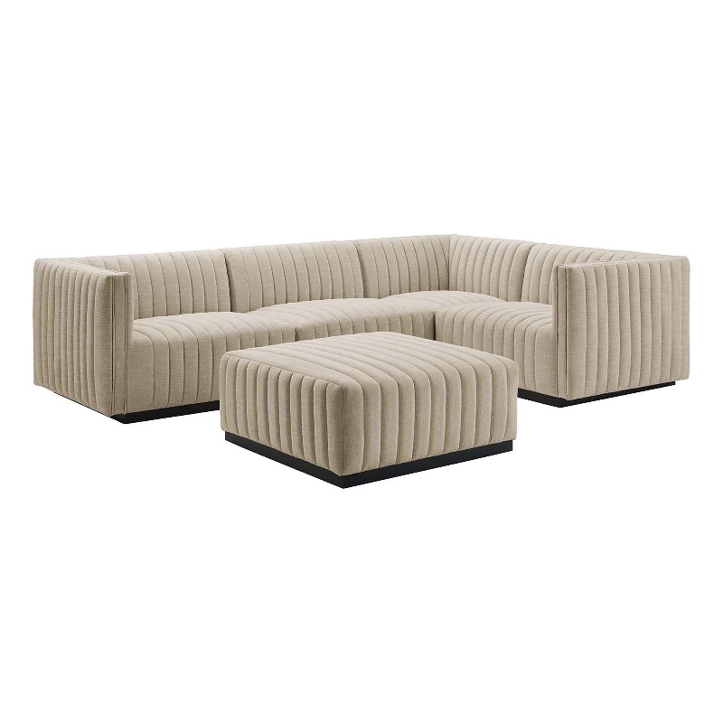 Modway Conjure 5-Piece Channel Tufted Fabric Sectional in Black/Beige