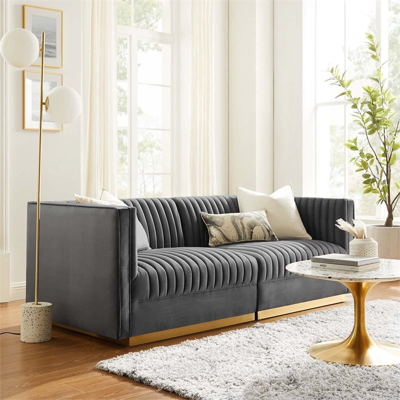 Modway Sanguine Velvet Modular Sectional Sofa Loveseat in Gray