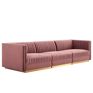 Modway Sanguine 3-Seat Velvet Modular Sectional Sofa in Dusty Rose Pink