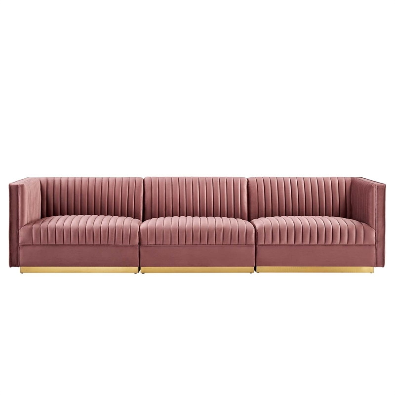 Modway Sanguine 3-Seat Velvet Modular Sectional Sofa in Dusty Rose Pink