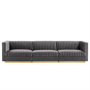 Modway Sanguine 3-Seat Velvet Modular Sectional Sofa in Gray