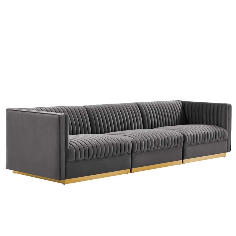 Modway Sanguine 3-Seat Velvet Modular Sectional Sofa in Gray