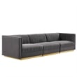 Modway Sanguine 3-Seat Velvet Modular Sectional Sofa in Gray
