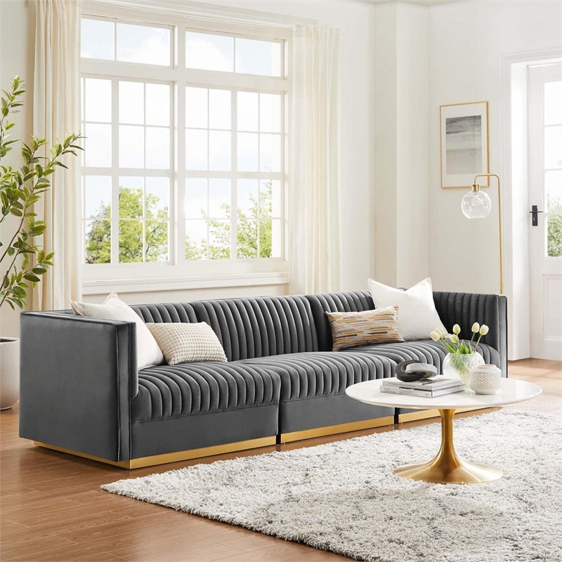 Modway Sanguine 3-Seat Velvet Modular Sectional Sofa in Gray
