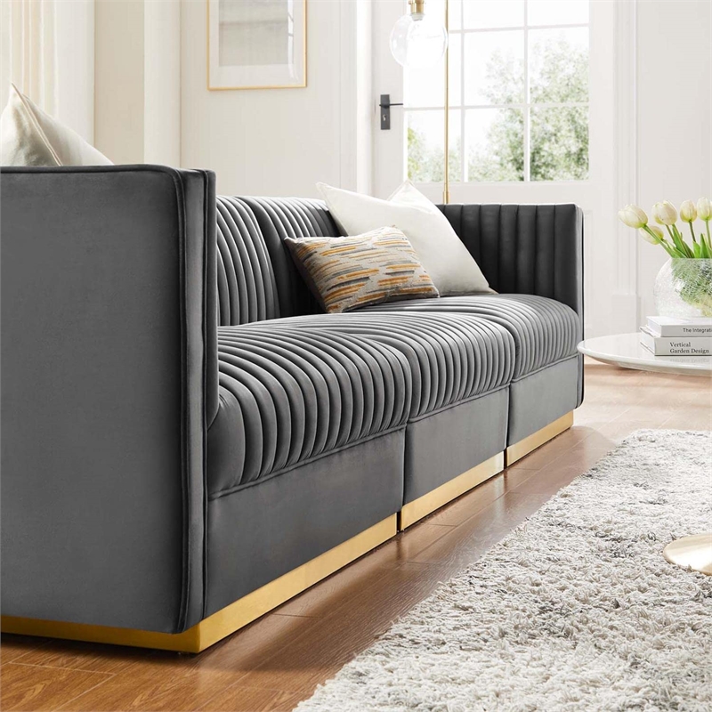 Modway Sanguine 3-Seat Velvet Modular Sectional Sofa in Gray