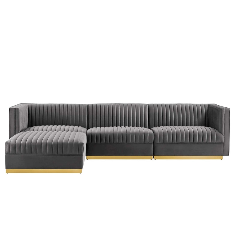 Modway Sanguine 4-Piece Velvet Modular Sectional Sofa in Gray