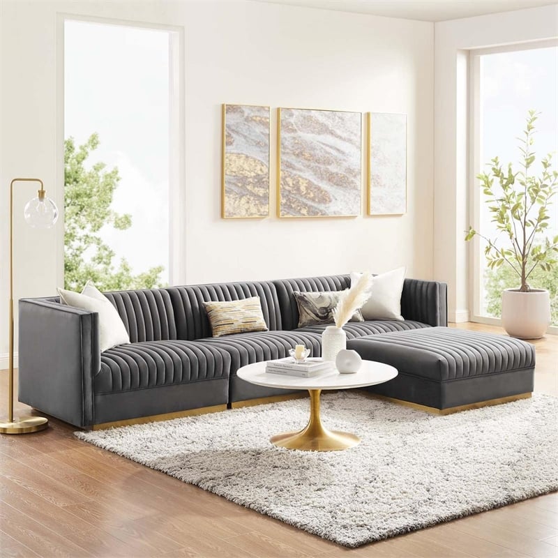 Modway Sanguine 4-Piece Velvet Modular Sectional Sofa in Gray