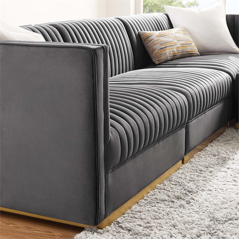 Modway Sanguine 4-Piece Velvet Modular Sectional Sofa in Gray