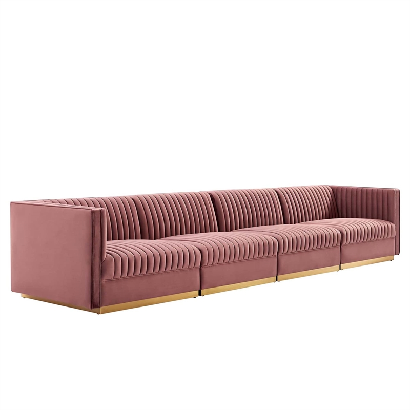 Modway Sanguine 4-Seat Velvet Modular Sectional Sofa in Dusty Rose Pink