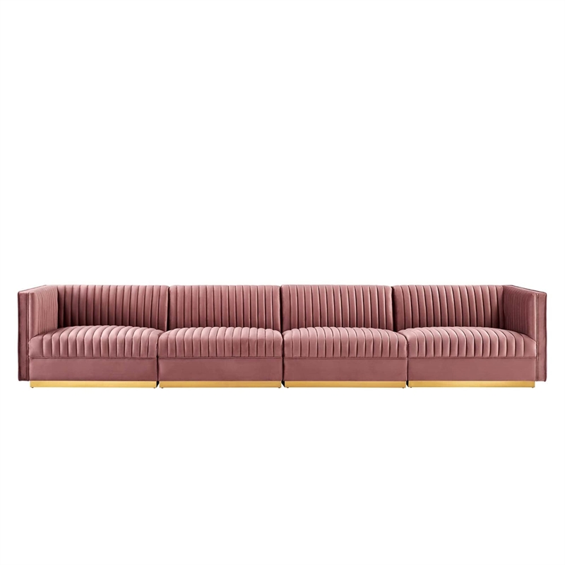 Modway Sanguine 4-Seat Velvet Modular Sectional Sofa in Dusty Rose Pink