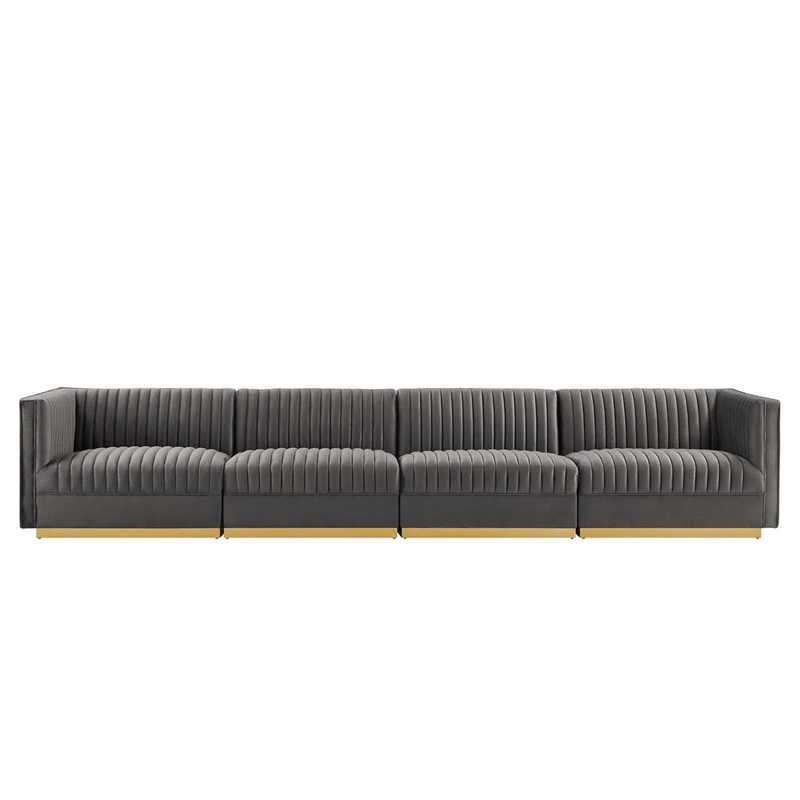 Modway Sanguine 4-Seat Velvet Modular Sectional Sofa in Gray
