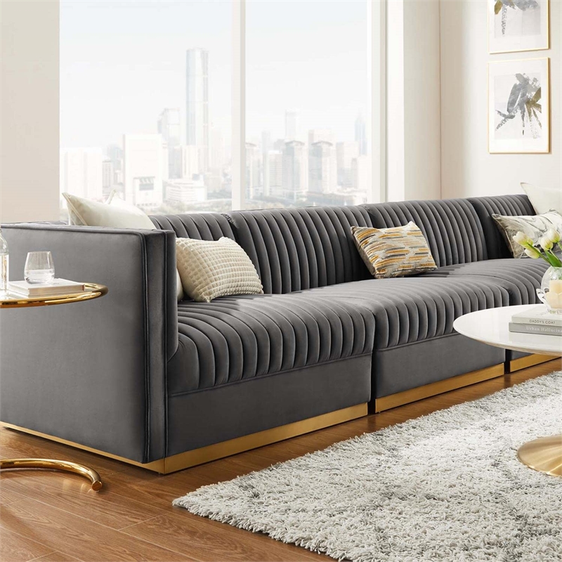 Modway Sanguine 4-Seat Velvet Modular Sectional Sofa in Gray