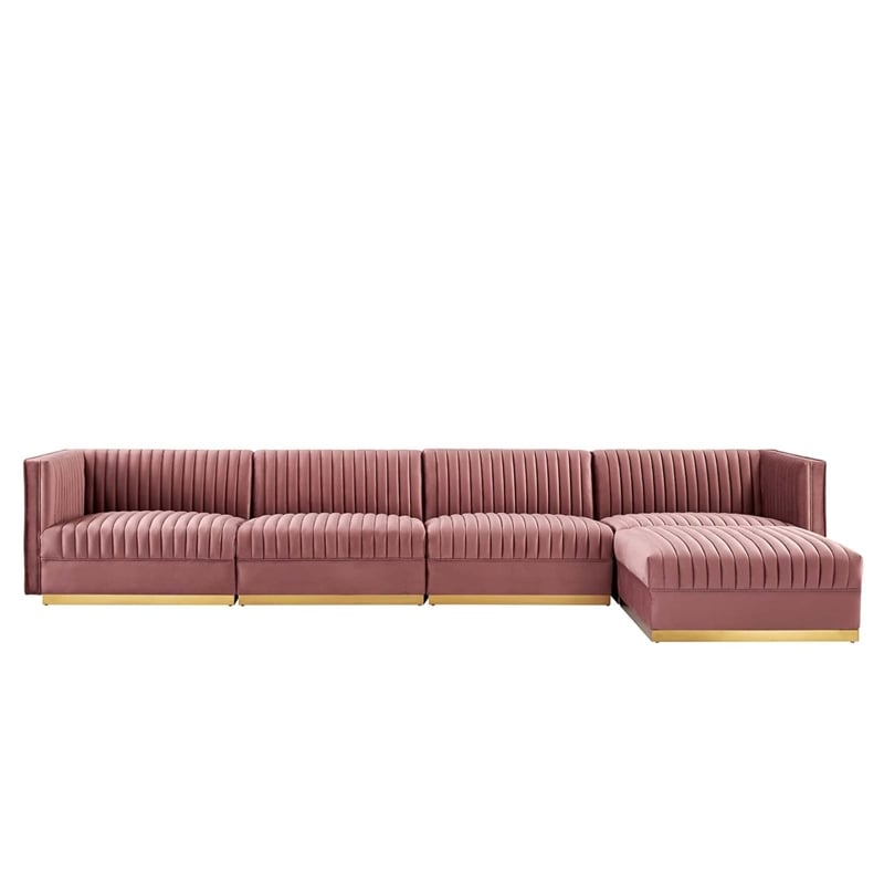 Modway Sanguine 5-Piece Velvet Modular Sectional Sofa in Dusty Rose Pink