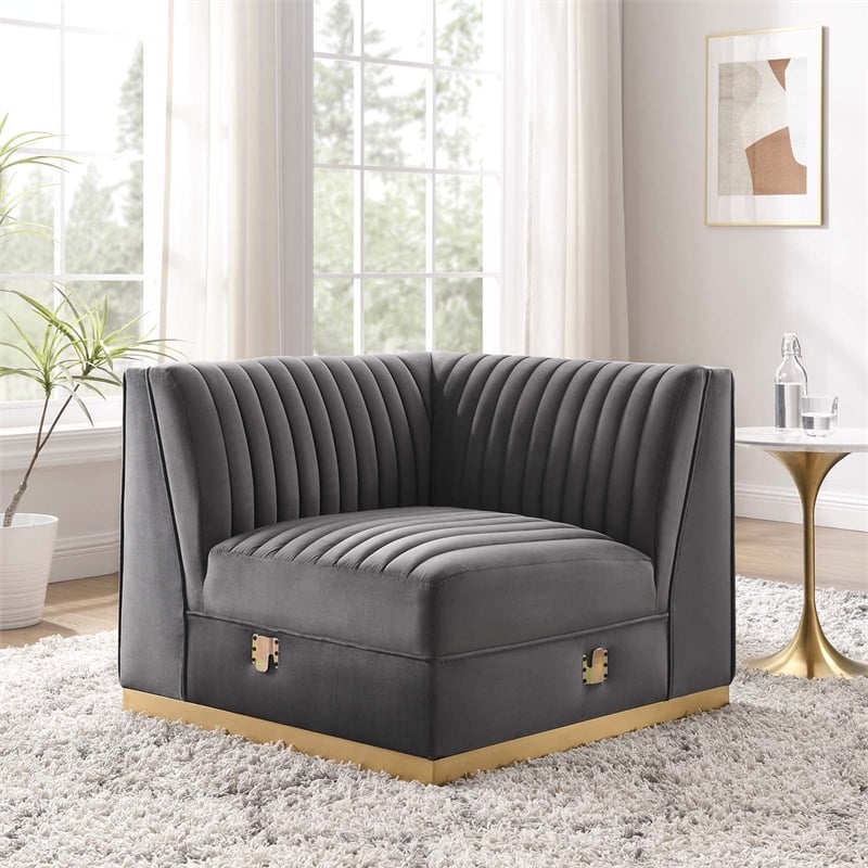 Modway Sanguine Velvet and Stainless Steel Left Corner Chair in Gray