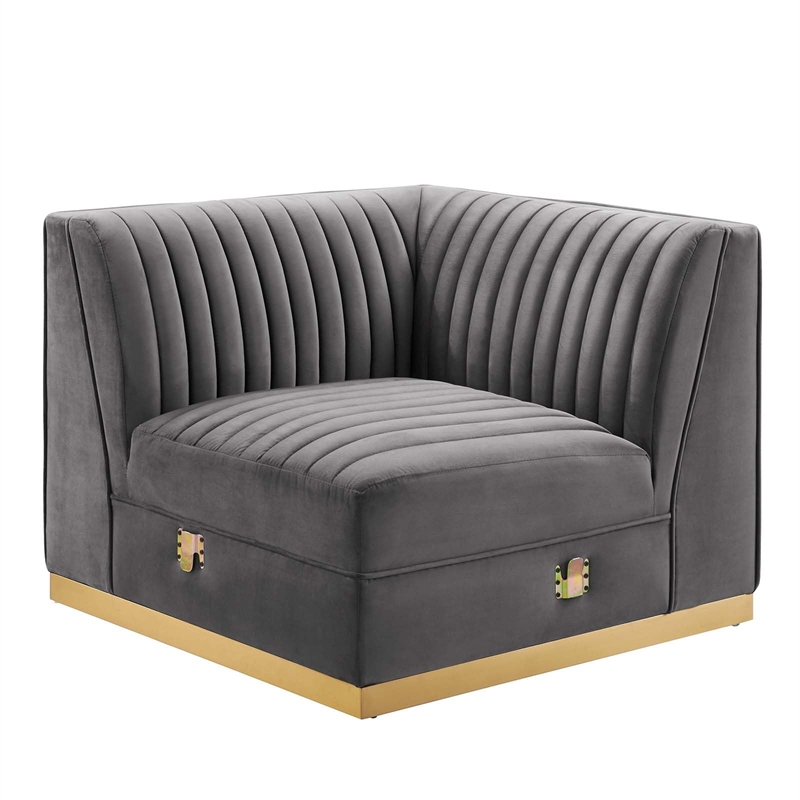 Modway Sanguine Velvet and Stainless Steel Left Corner Chair in Gray
