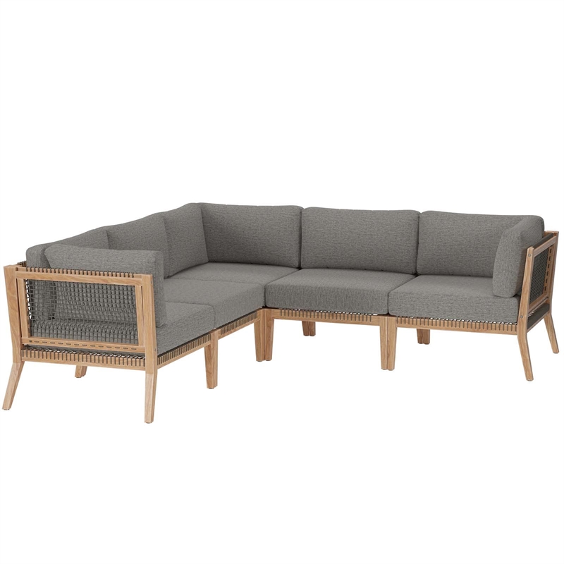 Modway Clearwater 5-Piece Wood Fabric Outdoor Sectional Sofa in Gray/Graphite