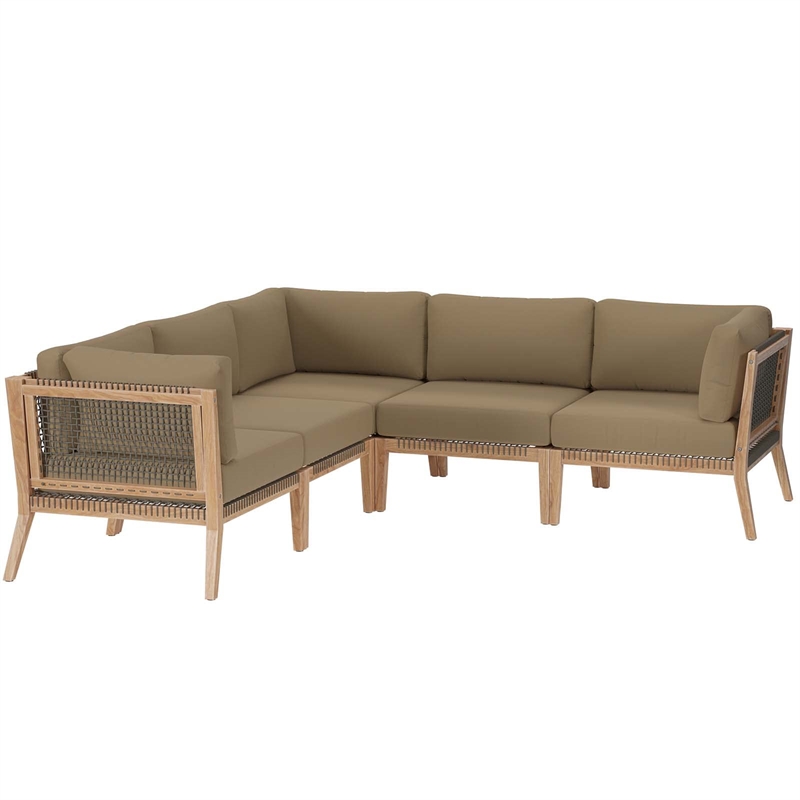 Modway Clearwater 5-Piece Wood Fabric Outdoor Sectional Sofa in Gray/Light Brown