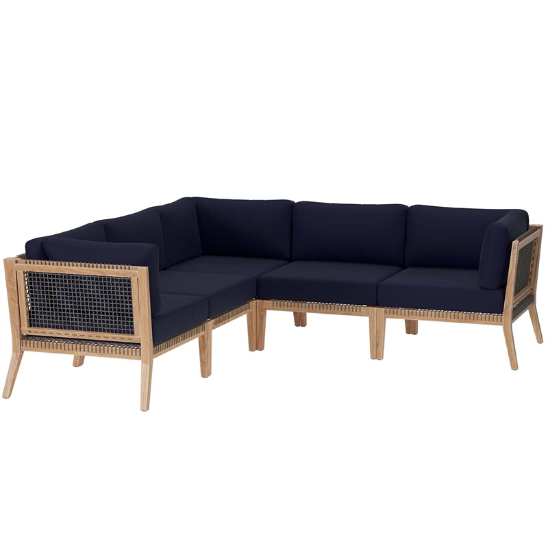 Modway Clearwater 5-Piece Wood Fabric Outdoor Sectional Sofa in Gray/Navy