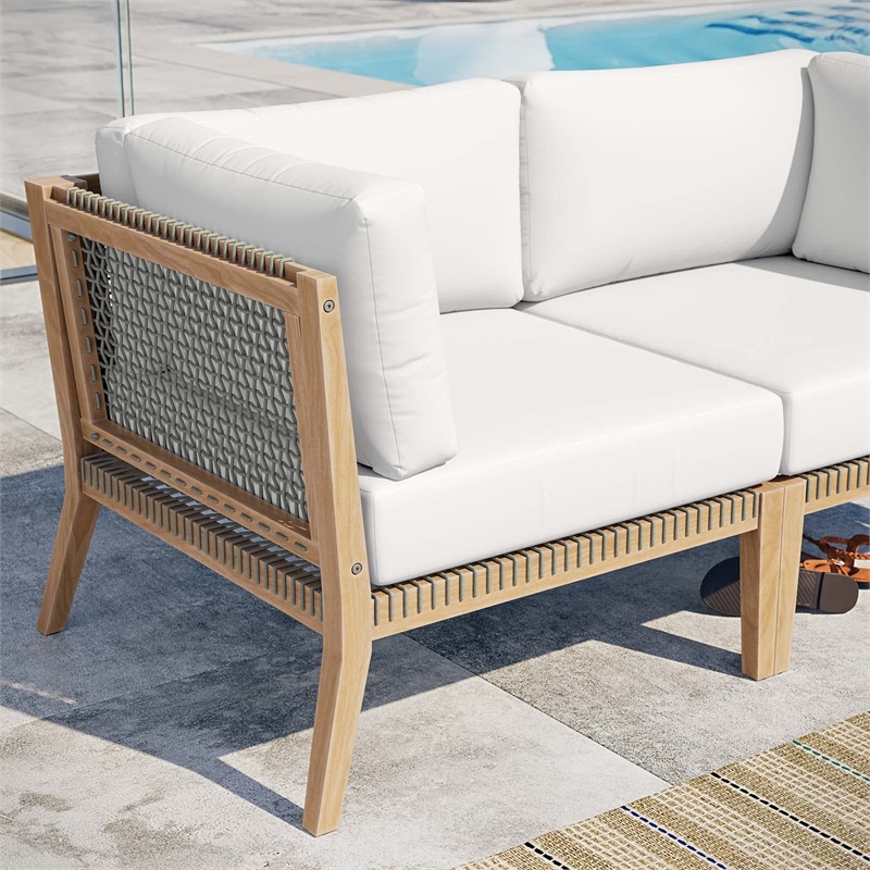Modway Clearwater Teak Wood Fabric Outdoor Loveseat in Gray/White