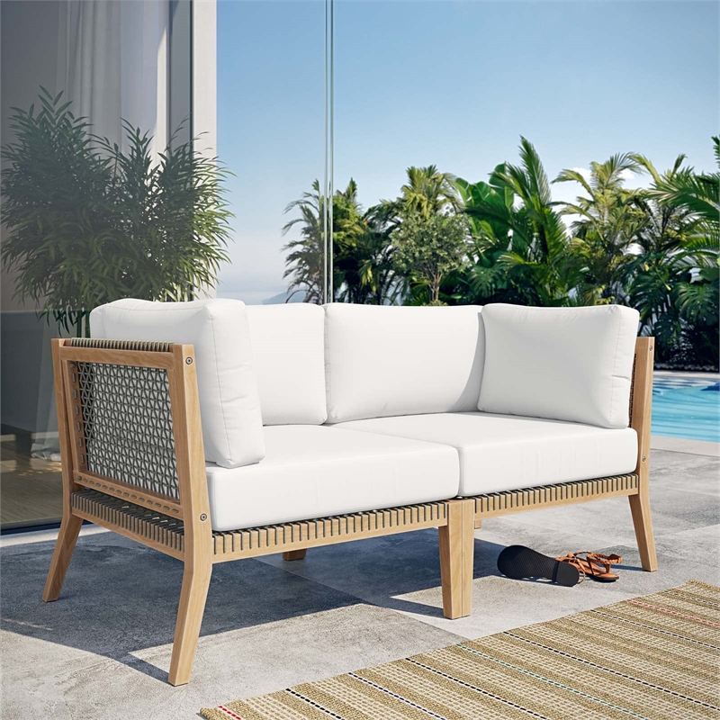 Modway Clearwater Teak Wood Fabric Outdoor Loveseat in Gray/White