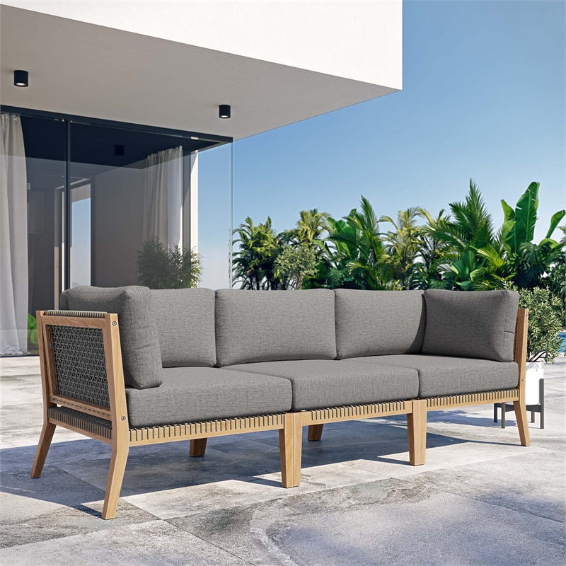 Modway Clearwater Teak Wood Fabric Outdoor Sofa in Gray/Graphite