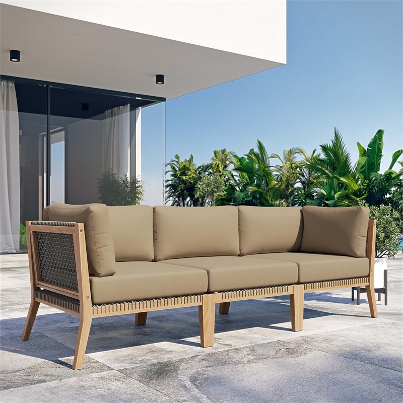 Modway Clearwater Teak Wood Fabric Outdoor Sofa in Gray/Light Brown