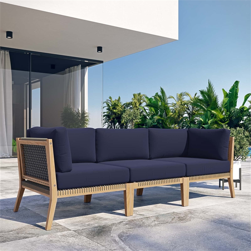 Modway Clearwater Teak Wood Fabric Outdoor Sofa in Gray/Navy