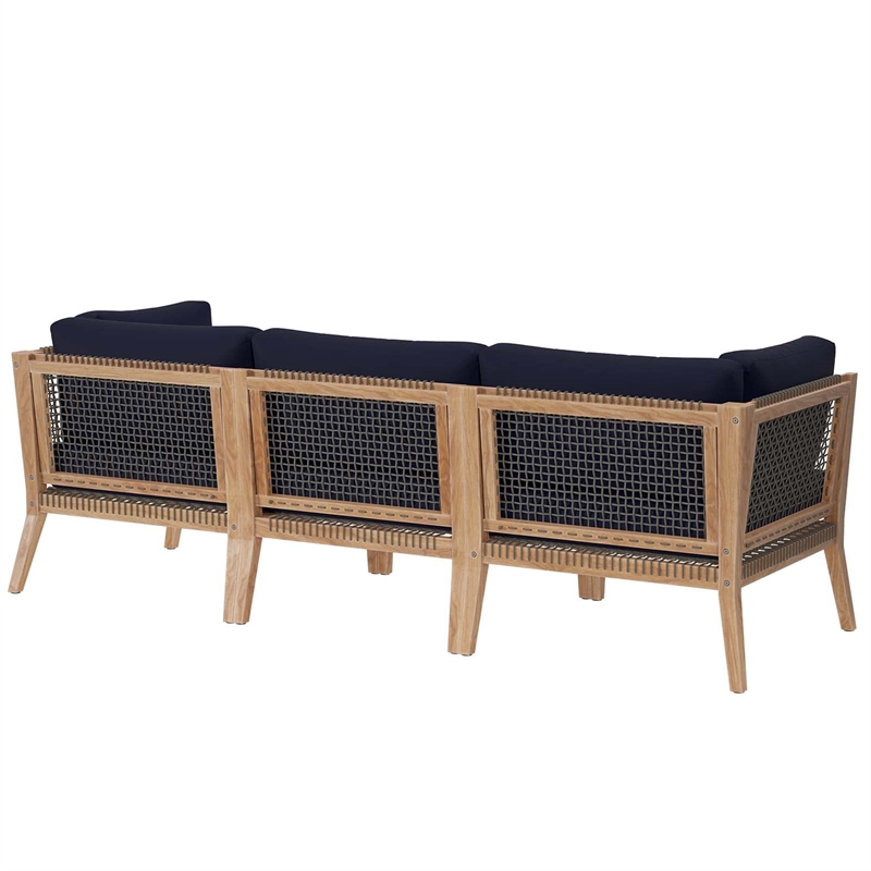 Modway Clearwater Teak Wood Fabric Outdoor Sofa in Gray/Navy