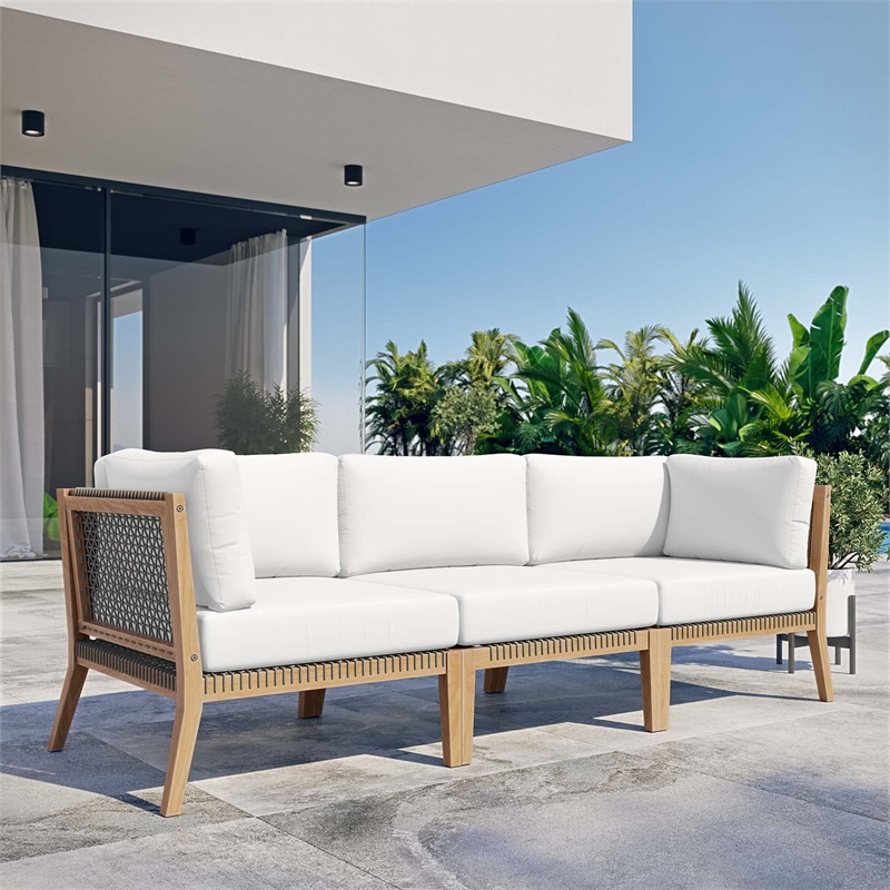 Modway Clearwater Teak Wood Fabric Outdoor Sofa in Gray/White