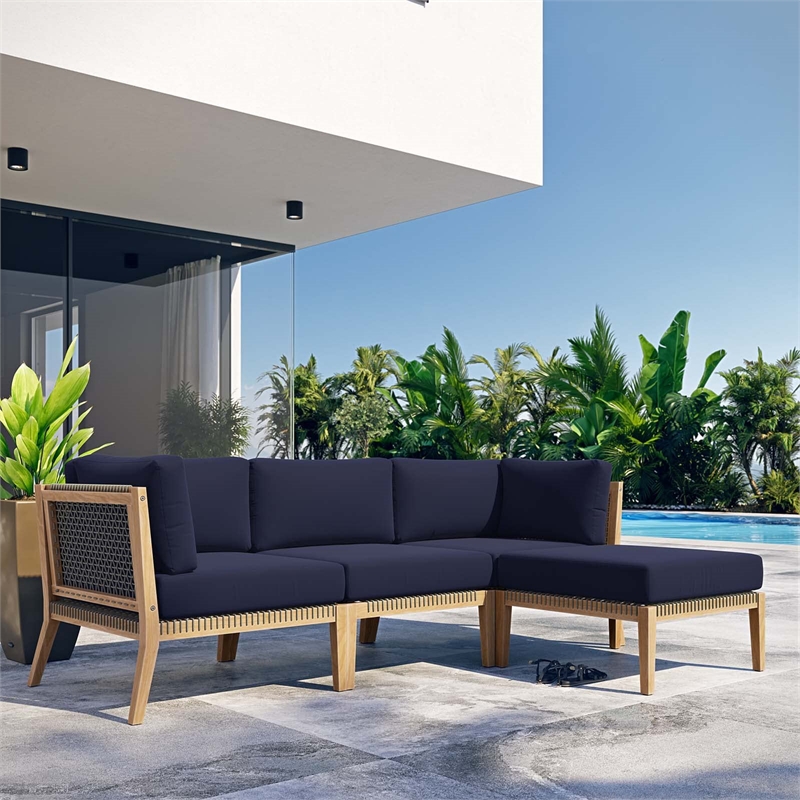 Modway Clearwater 4-Piece Wood Fabric Outdoor Sectional Sofa in Gray/Navy