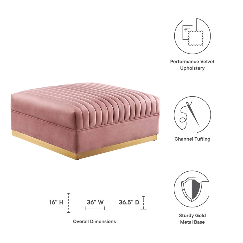 Modway Sanguine Velvet and Stainless Steel Ottoman in Dusty Rose