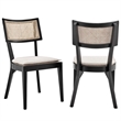 Modway Caledonia Rattan Elm Wood Fabric Dining Chairs in Black/Beige (Set of 2)