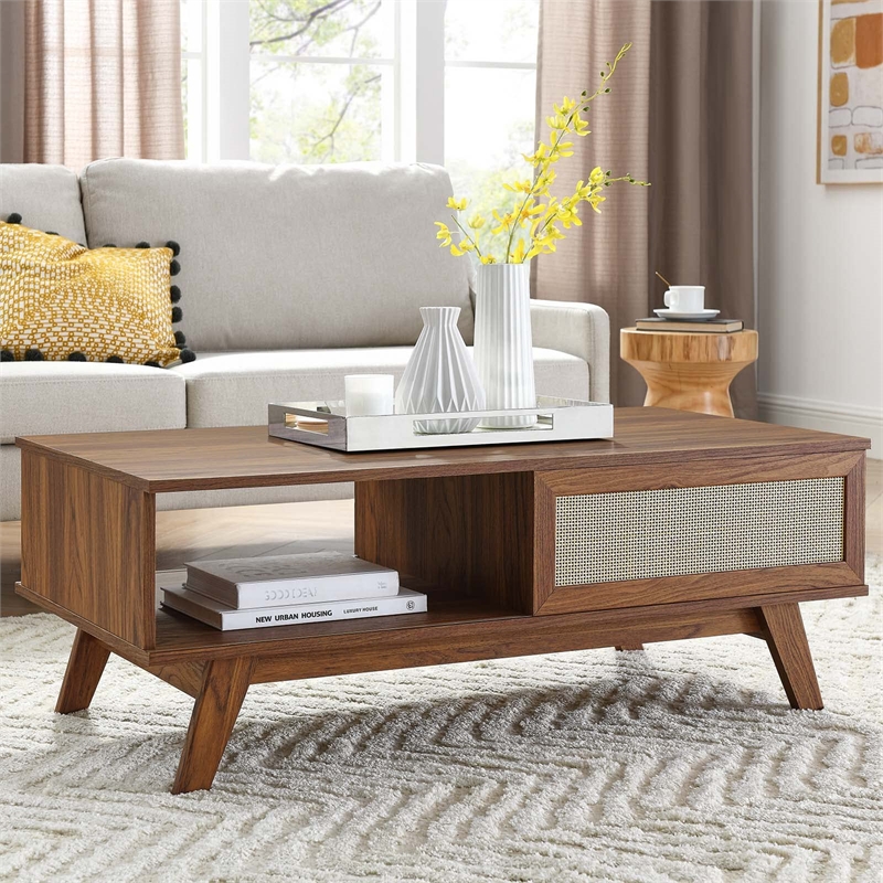 Modway Soma Natural Rattan and MDF Wood Coffee Table in Walnut