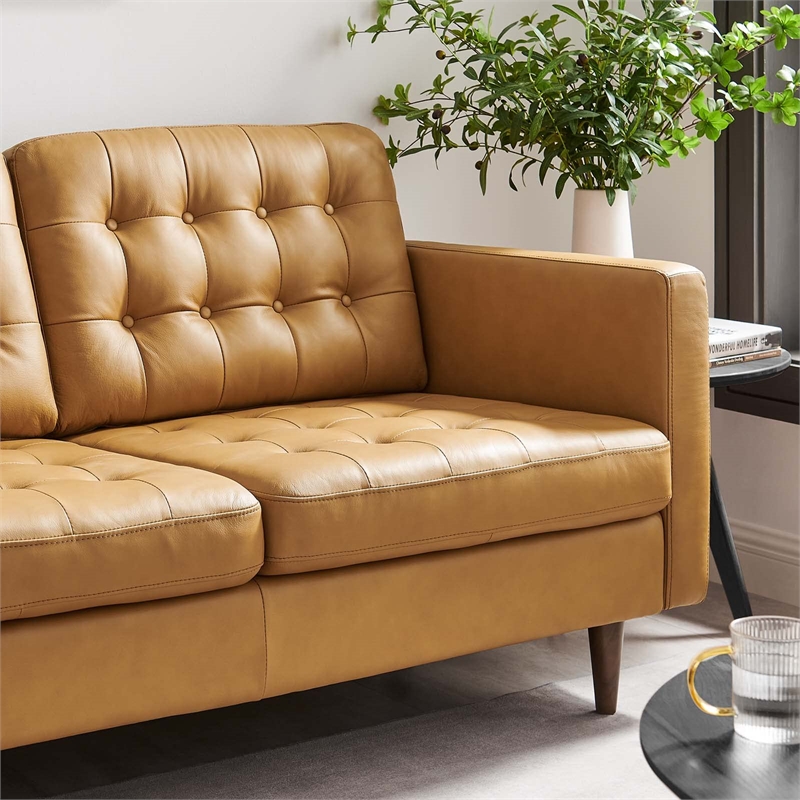 Modway Exalt Modern Style Tufted Vegan Leather Loveseat in Tan