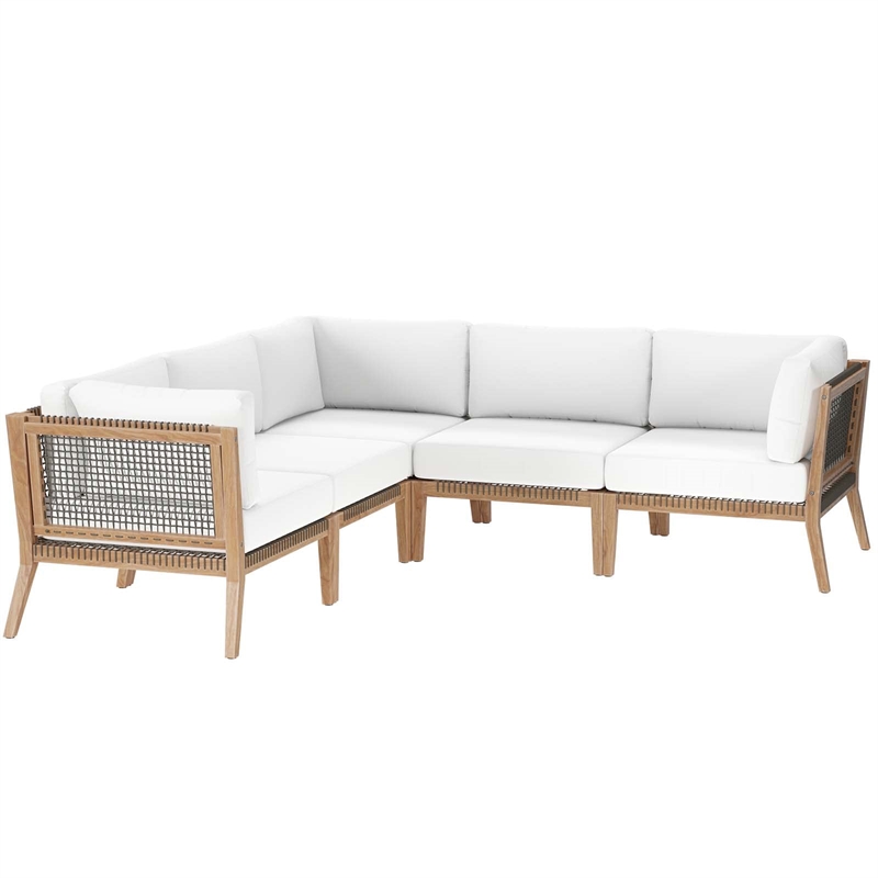 Modway Clearwater 5-Piece Wood Fabric Outdoor Sectional Sofa in Gray/White