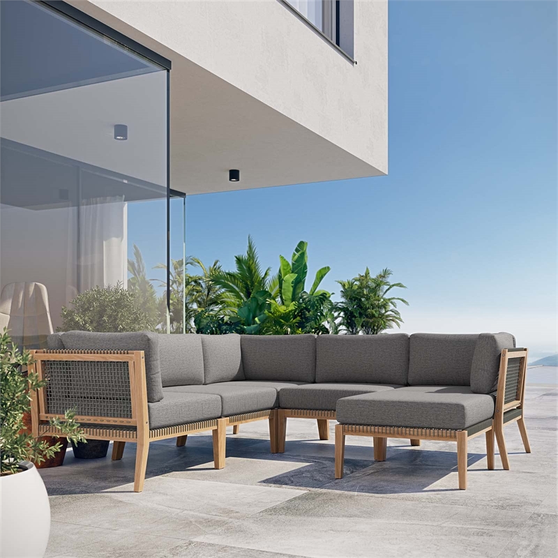 Modway Clearwater 6-Piece Wood Fabric Outdoor Sectional Sofa in Graphite/Gray