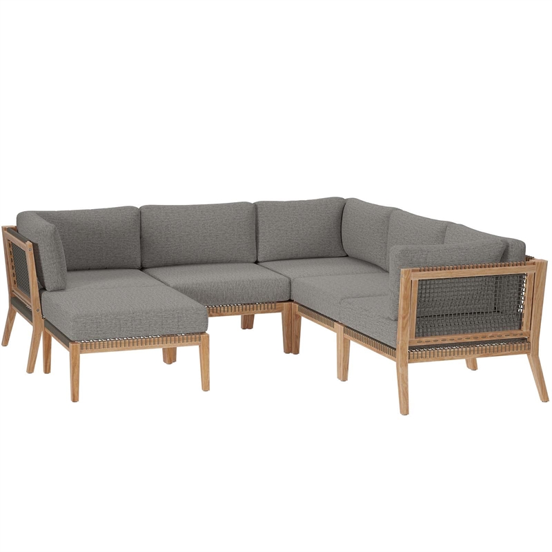 Modway Clearwater 6-Piece Wood Fabric Outdoor Sectional Sofa in Graphite/Gray