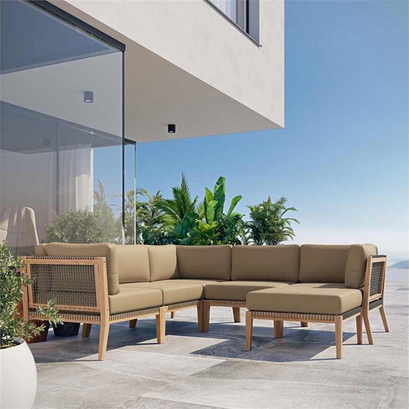 Modway Clearwater 6-Piece Wood Fabric Outdoor Sectional Sofa in Light Brown/Gray