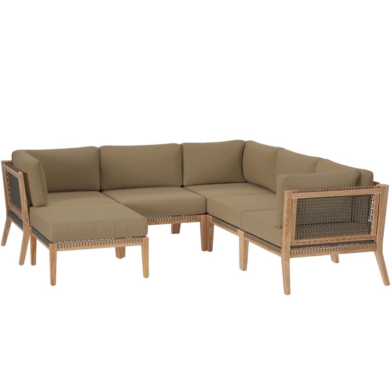 Modway Clearwater 6-Piece Wood Fabric Outdoor Sectional Sofa in Light Brown/Gray