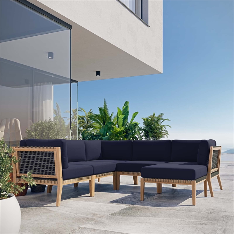 Modway Clearwater 6-Piece Wood Fabric Outdoor Sectional Sofa in Navy/Gray