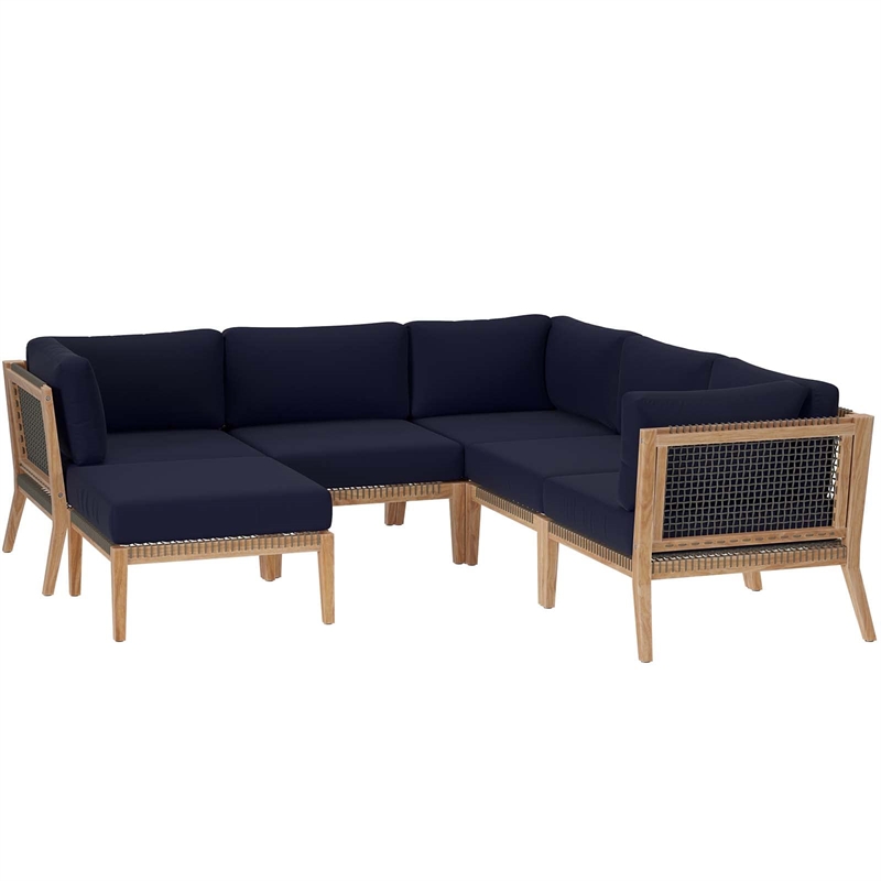 Modway Clearwater 6-Piece Wood Fabric Outdoor Sectional Sofa in Navy/Gray