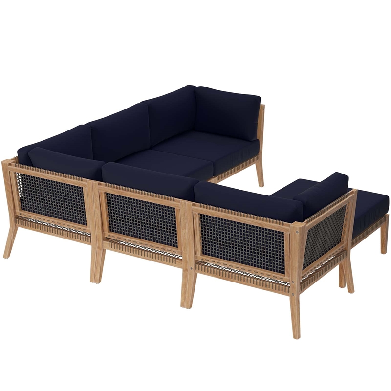 Modway Clearwater 6-Piece Wood Fabric Outdoor Sectional Sofa in Navy/Gray