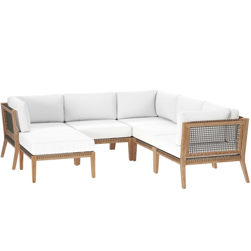 Modway Clearwater 6-Piece Wood Fabric Outdoor Sectional Sofa in White/Gray