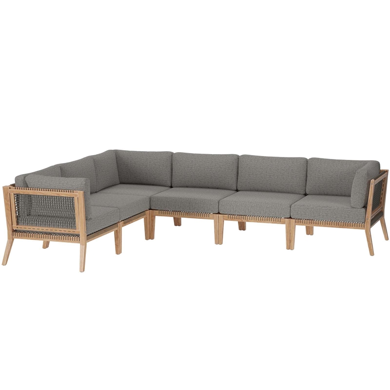 Modway Clearwater 6-Piece Wood Fabric Outdoor Sectional Sofa in Gray/Graphite