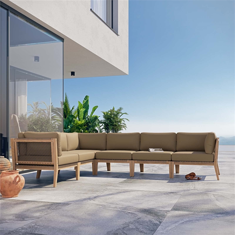 Modway Clearwater 6-Piece Wood Fabric Outdoor Sectional Sofa in Gray/Light Brown