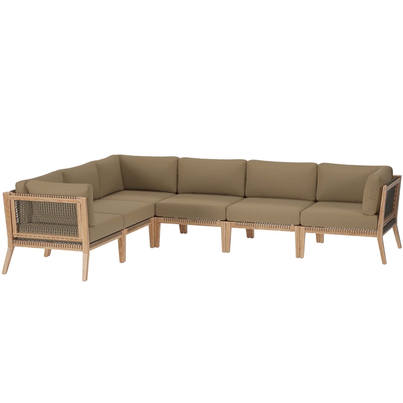 Modway Clearwater 6-Piece Wood Fabric Outdoor Sectional Sofa in Gray/Light Brown