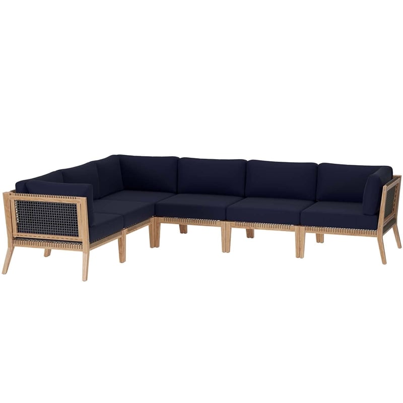 Modway Clearwater 6-Piece Wood Fabric Outdoor Sectional Sofa in Gray/Navy